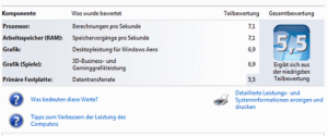 Ergebnis der Leistungsermittlung mit Windows 7