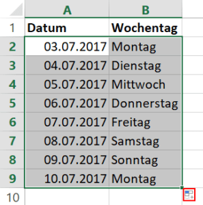 Excel Liste nur Arbeitstage 2