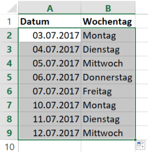 Fertige Liste mit Arbeitstagen