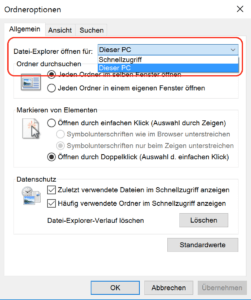 Standarddarstellung für Windows Explorer in Ordneroptionen