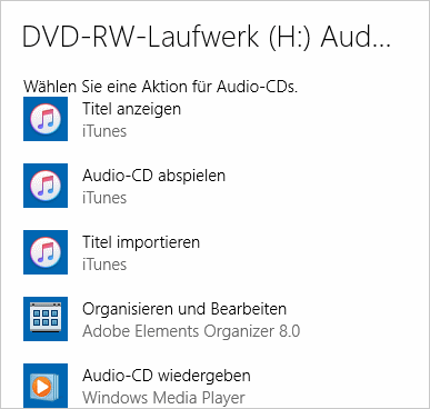 Autostart-Aktionen für eine Audio-CD