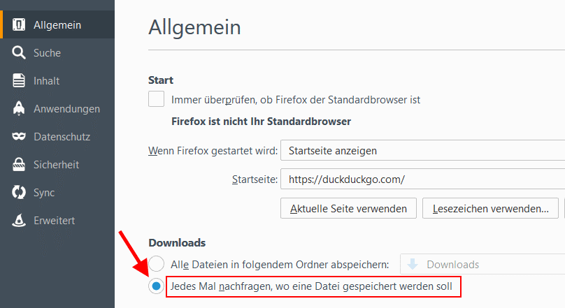 Firefox - Jedes mal nach Downloadziel fragen