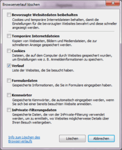 Dialogbox des Internet Explorer zum Löschen des Verlaufs