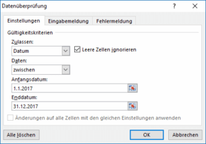 Excel Datumsbereich festlegen