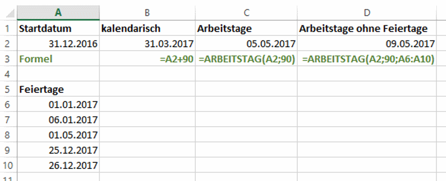 Excel: Datum plus Arbeitstage oder Kalendertage rechnen ...