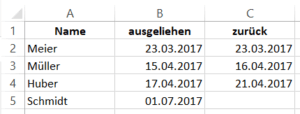 Beispieltabelle für Ermittlung des letzten Wertes