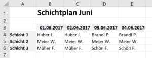 Schichtplan vor der Formatierung