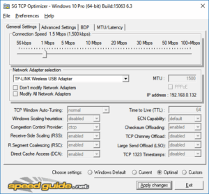 Startbildschirm TCP Optimizer