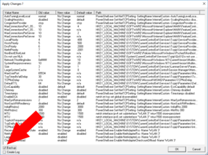 TCP Optimizer zeigt geänderte Einstellungen