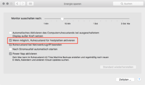 In "Energie sparen" stellen Sie ein, ob sich die Festplatten im Ruhezustand abschalten.