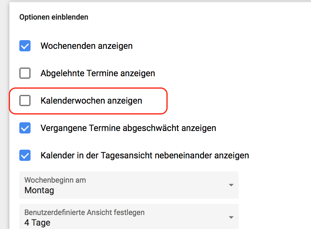 Kalenderwochen anzeigen im Google Kalender