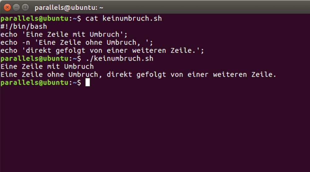 echo -n Befehl in einem Linux-Shellscript