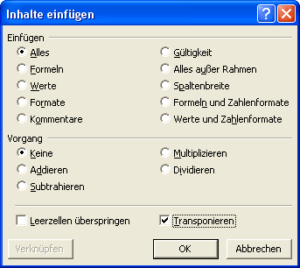 Transponieren beim Einfügen einer Tabelle in Excel
