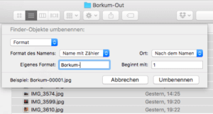 Mit der Option Format kann man Zähler oder Datumsangaben zu Dateien hinzufügen