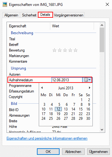 Aufnahmedatum ändern