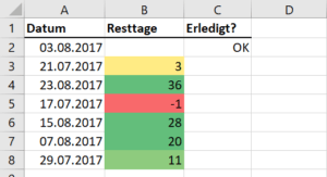 Terminliste mit farbigen Markierungen