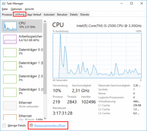Ressourcenmonitor öffnen