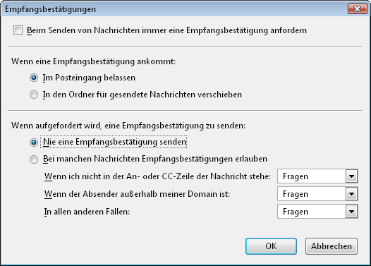 Empfangsbestätigung in Thunderbird abschalten Empfangsbestätigung in Thunderbird abschalten
