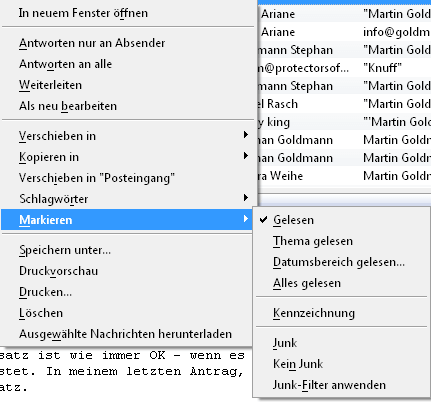Thunderbird-Menü, um eine E-Mail als ungelesen zu markieren Thunderbird-Menü, um eine E-Mail als ungelesen zu markieren