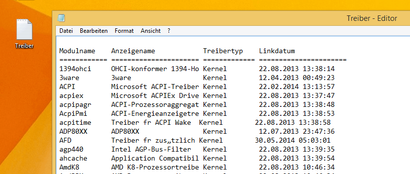 Das Ergebnis von driverquery als Textdatei