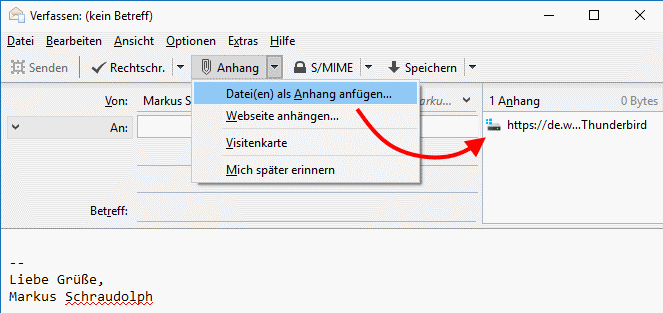 Thunderbird Webseite anhängen
