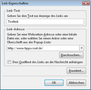 Eingabefenster für Hyperlinks in Thunderbird