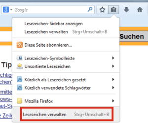 Menüpunkt Lesezeichen verwalten in Firefox Menüpunkt Lesezeichen verwalten in Firefox