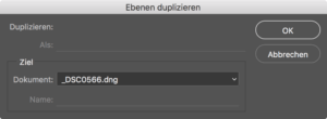 Nach dem Duplizieren fragt Photoshop, wo es die Ebene einfügen soll.