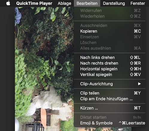 Im Quicktime Menü Bearbeiten den Punkt Nach links drehen auswählen. Im Quicktime Menü Bearbeiten den Punkt Nach links drehen auswählen.