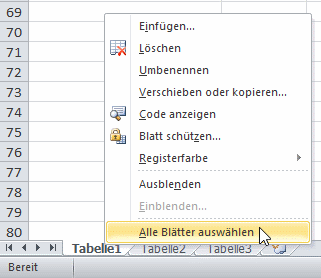 Excel - alle Arbeitsblätter auswählen