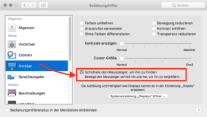 Mit einer Einstellung tief in den Bedienungshilfen stellen Sie die Mauszeigervergrößerung ab. Mit einer Einstellung tief in den Bedienungshilfen stellen Sie die Mauszeigervergrößerung ab.