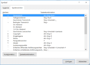 Gedankenstrich in Word Symbole Sonderzeichen