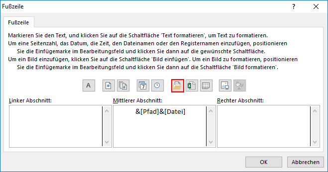 Excel Fußzeile mit Dateiname und Pfad