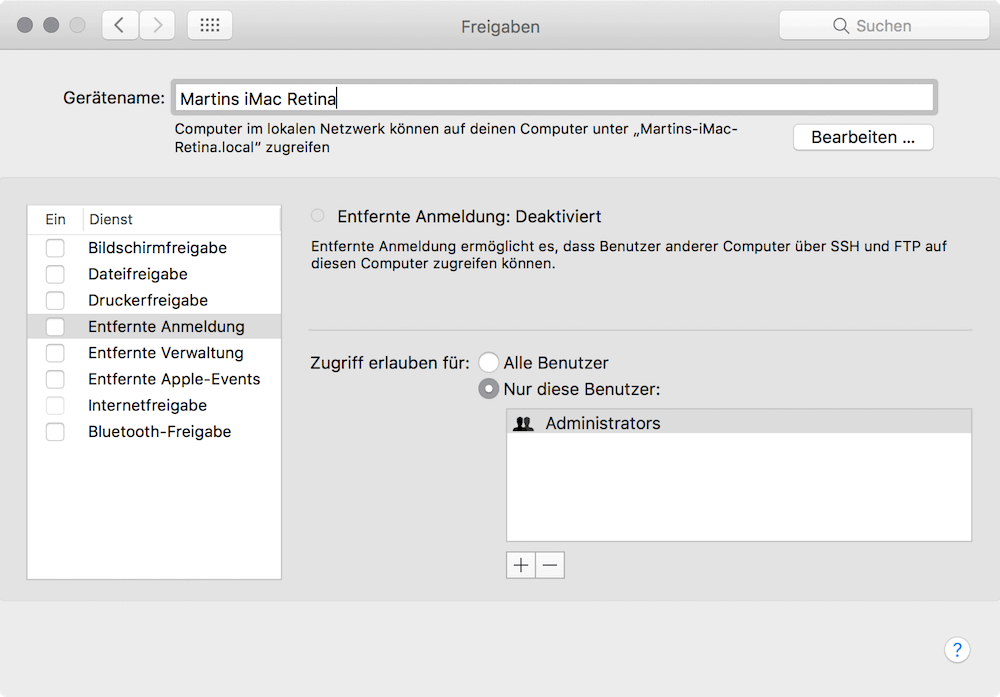 Mac Name ändern in Freigaben