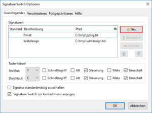 Signatur Switch Hauptfenster