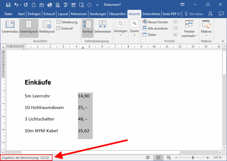 Word: Summe berechnen - Zahlen in der Markierung addieren | Tippscout.de
