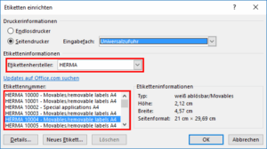 Word - Etikettentyp einstellen