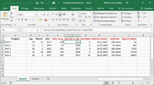 Excel Jubiläumskalender - Berechnung