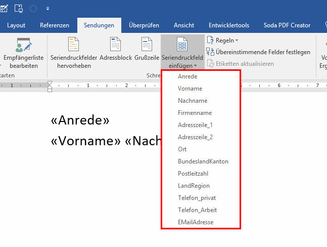 Word Serienbrief - Felder einfügen