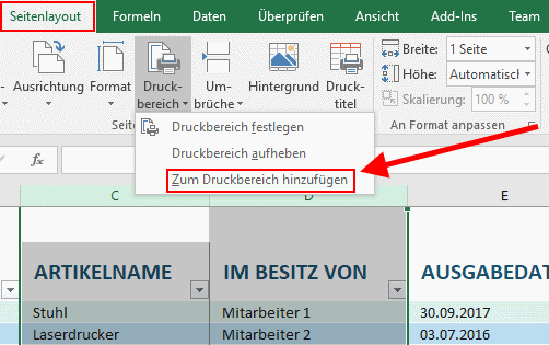 Excel - Zum Druckbereich hinzufügen