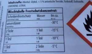 Mischtabelle für ein Frostschutzmittel für Scheibenwasser