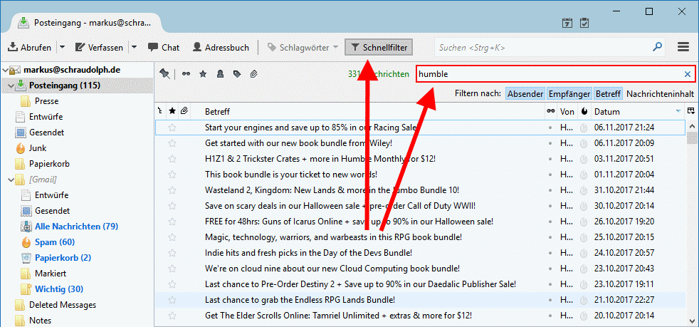 Thunderbird - Schnellfilter verwenden