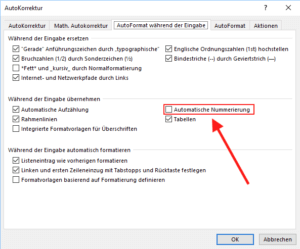 Automatische Nummerierung abschalten