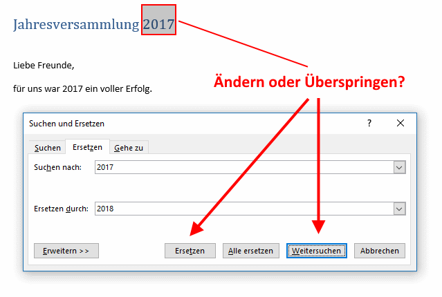 Gefundenen Text ersetzen oder überspringen