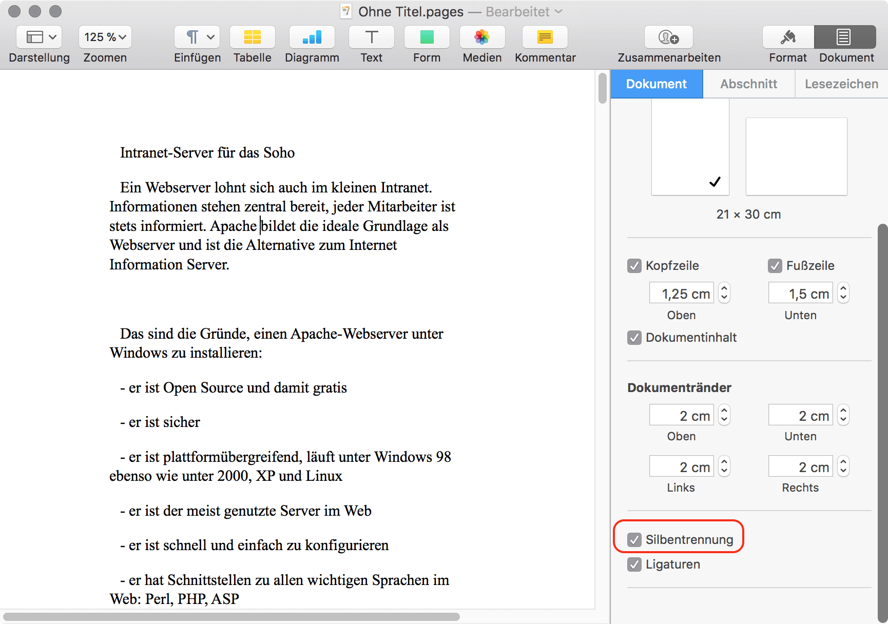 Apple Pages Silbentrennung einschalten