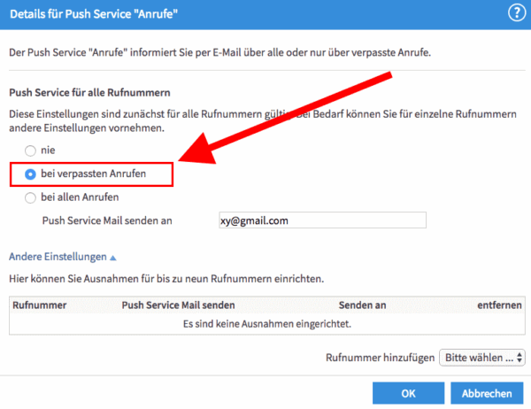 fritz box verpasste anrufe email