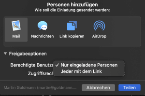 Dialogfenster zum iCloud-Ordner teilen