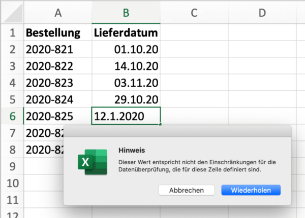 So sieht eine Warnung aus, wenn der Datumswert falsch eigegeben wird.