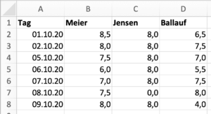 Beispiel für eine Aufstellung von Arbeitsstunden