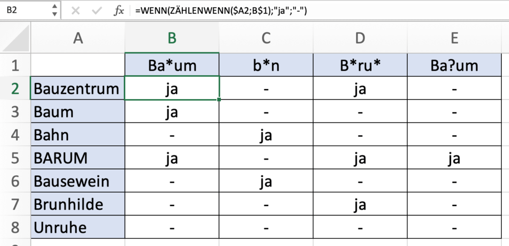 Excel Suche mit Wildcards